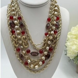 Arthur Pepper ART VintageGold‎ Pearl Red Glass 9 Multi-Strand Statement Necklace